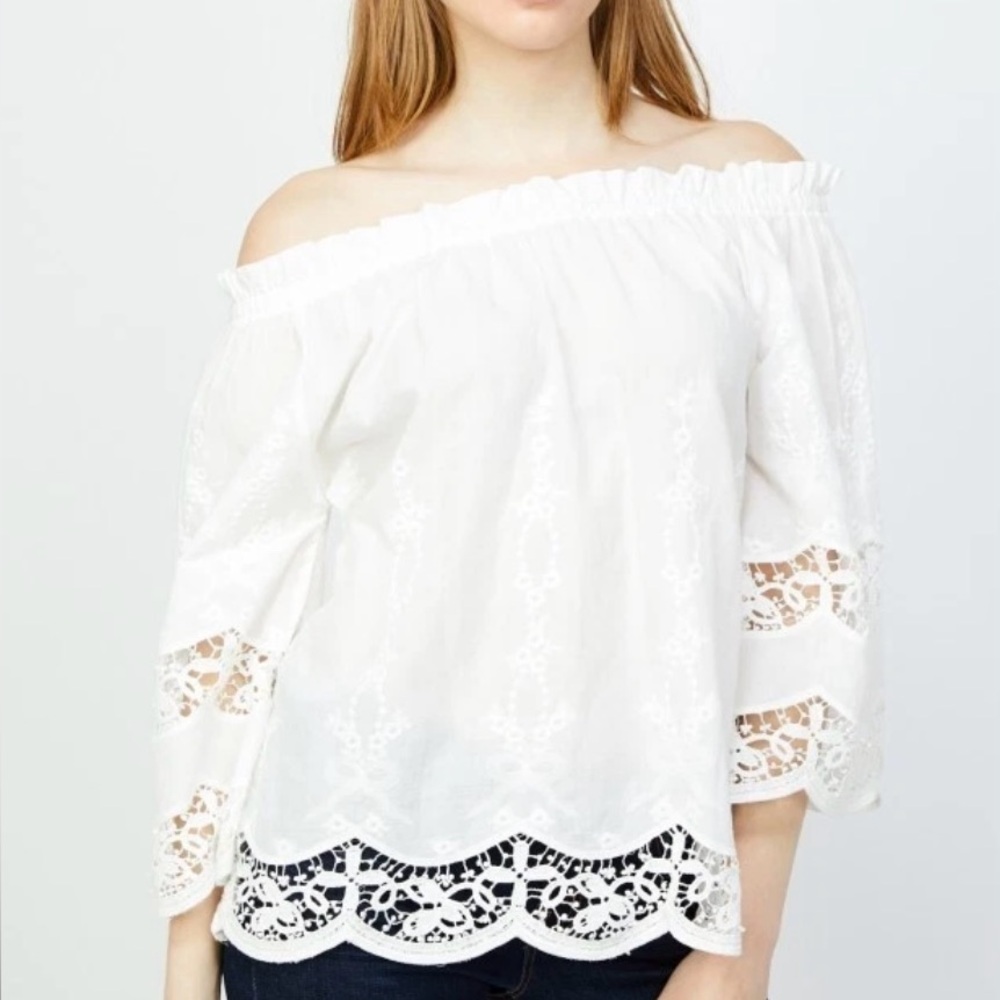 RD + Koko White Off - On Shoulder Scallop Lace Eyelet Puff ¾ Slv. Boho Top XL